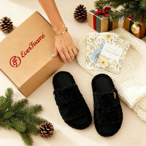 ⚡Women's Matt Black Fuzzy Open Toe Slippers Soft Comfy Memory Foam House Shoes - Picture 7 of 8